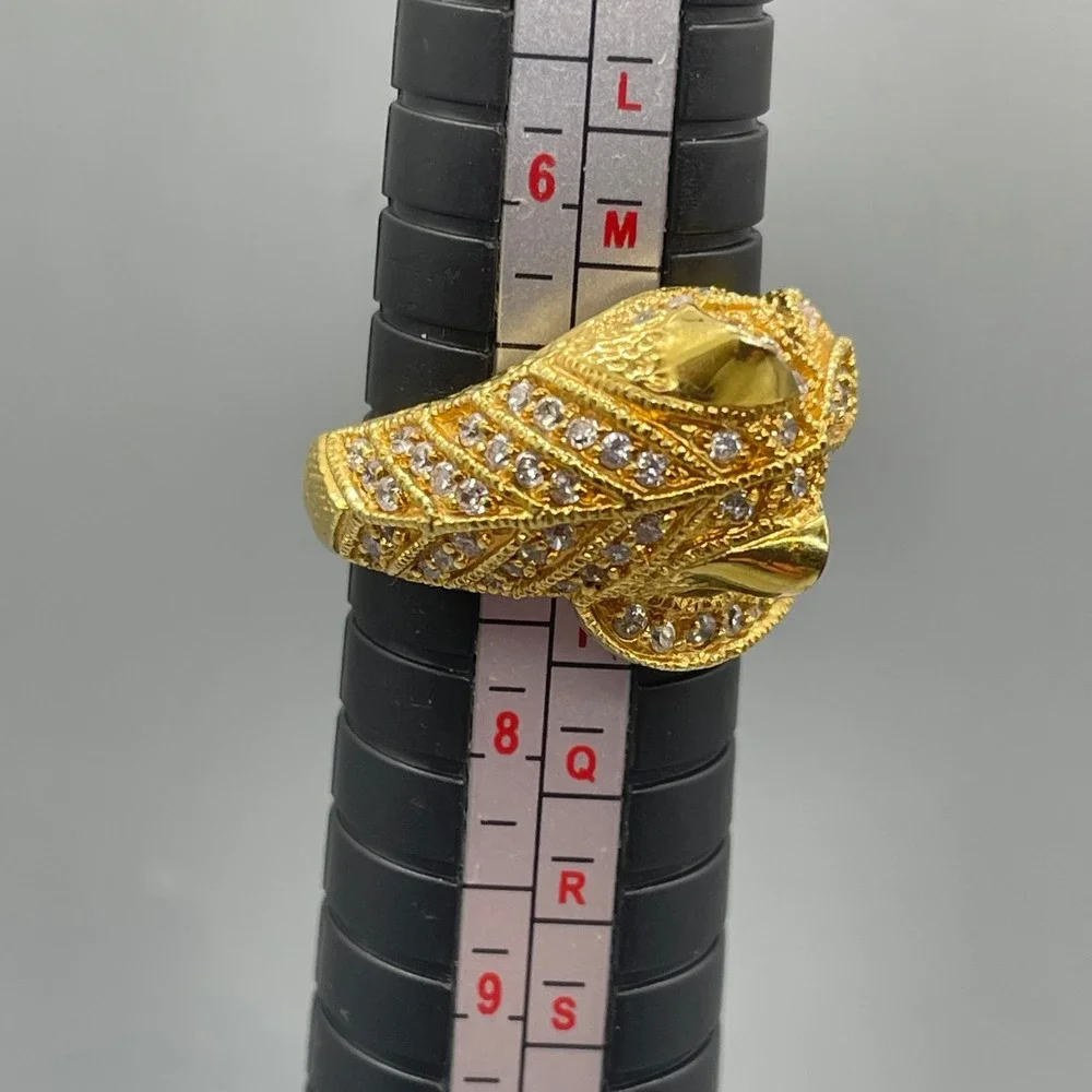Gold Tone Panther Head Bypass Ring Red Eyes Clear Crystals‎ Statement Size 7.25